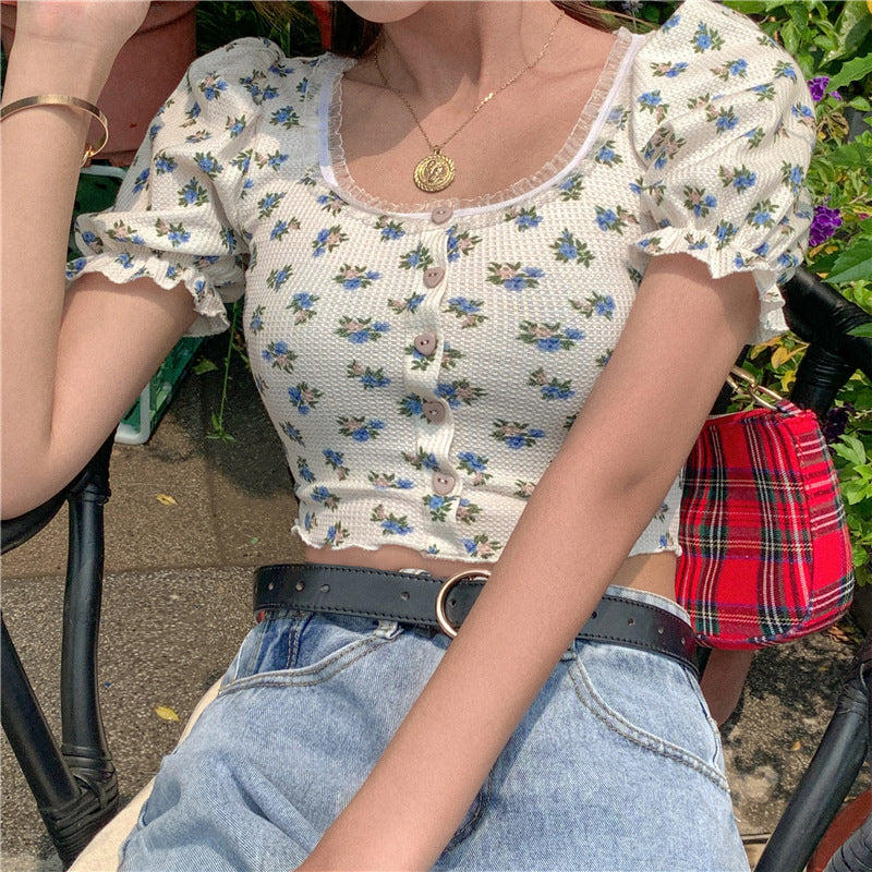 U-Neck Florals Pattern Slim Shirt
