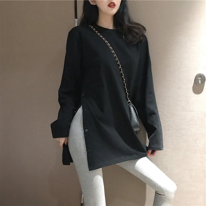 Loose Side Split Button O-Neck Shirt