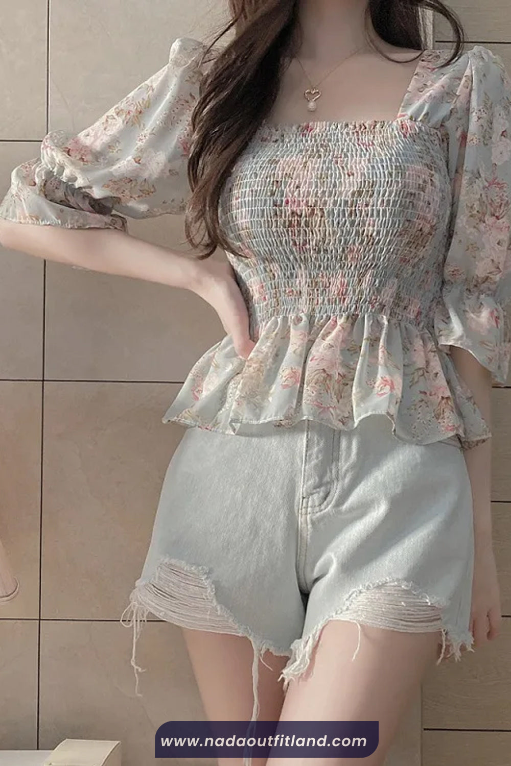 Lantern Sleeve Floral Printed Slim Blouse Shirt
