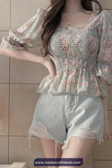 Lantern Sleeve Floral Printed Slim Blouse Shirt
