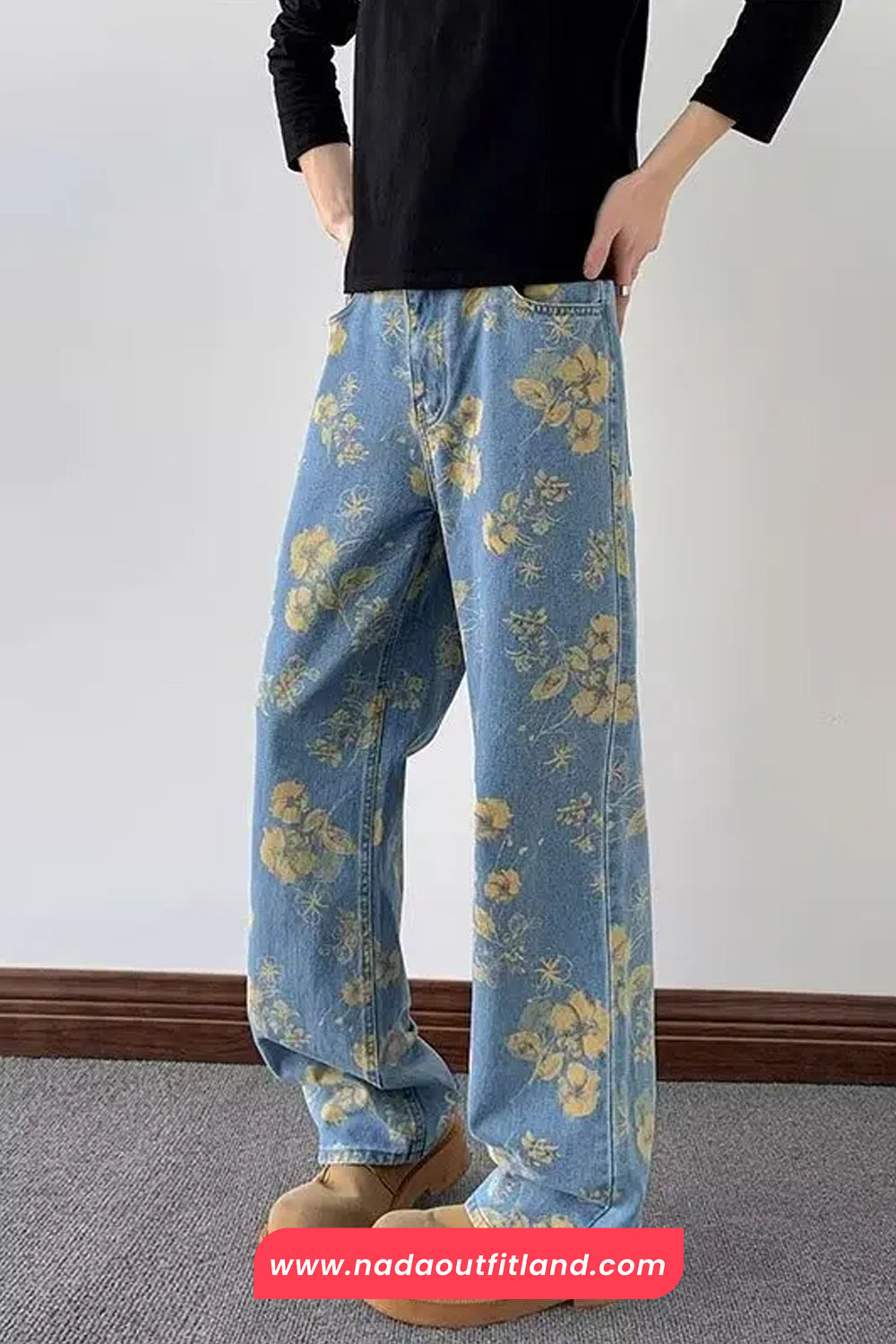 High Waist Retro Flowers Pattern Blues Denim Jeans Pants