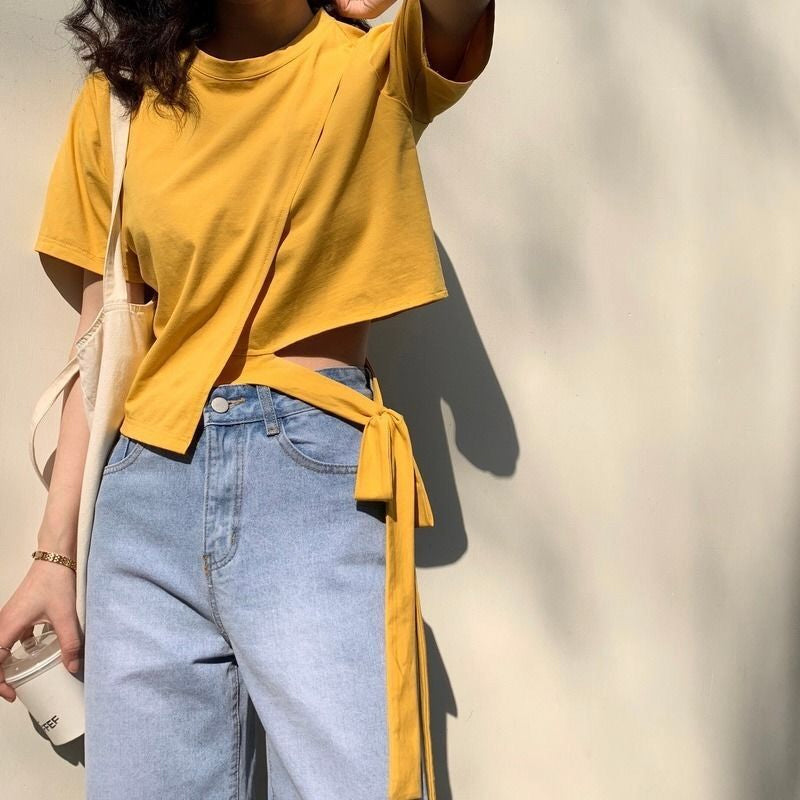 Short Sleeve Irregular Solid Tie Shirt