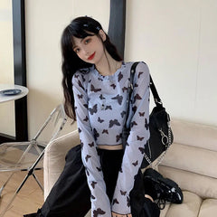 Long Sleeve Butterfly Transparent Mesh Cropped Shirt