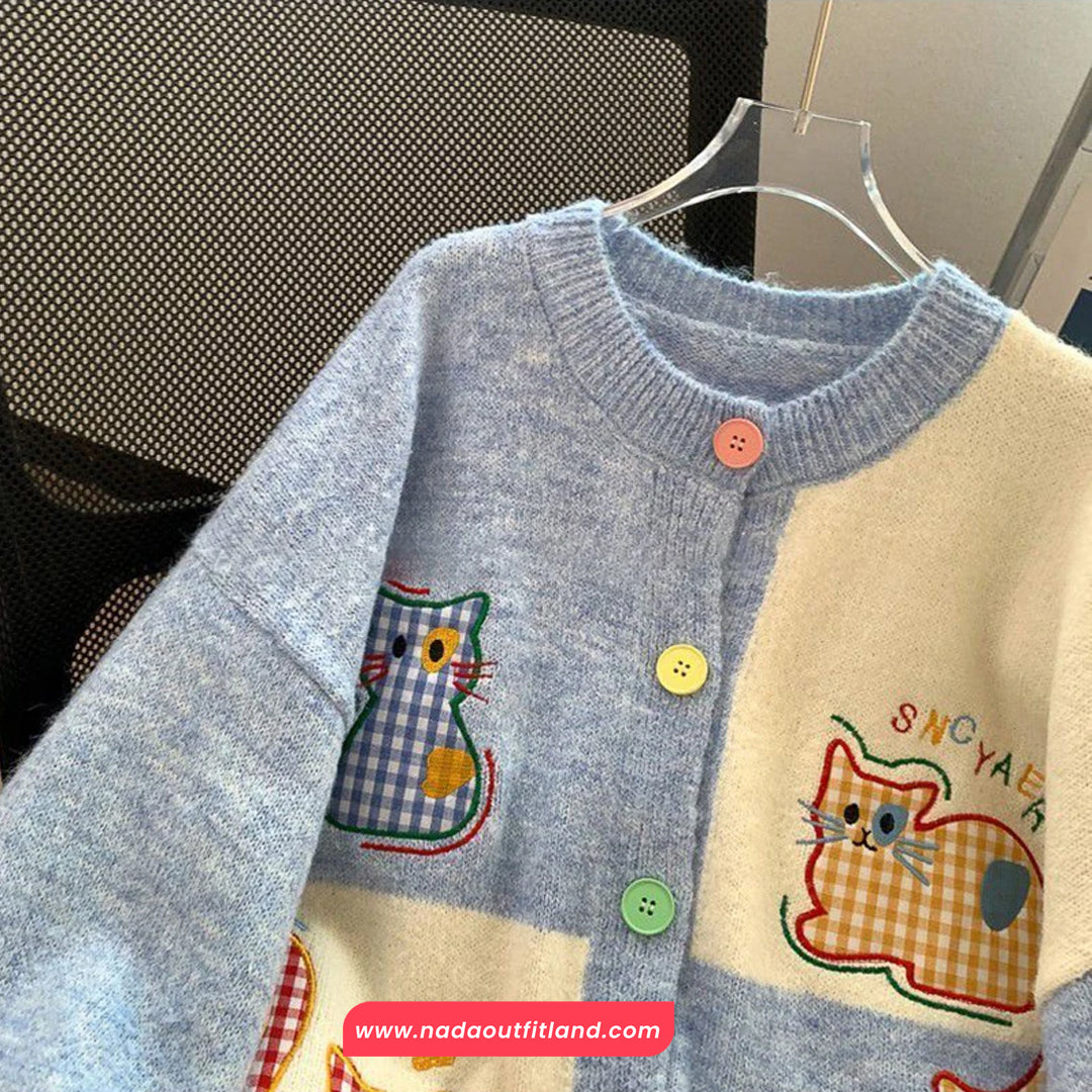 Long Sleeve Cat Embroidered Colorful Button Cardigan Sweater