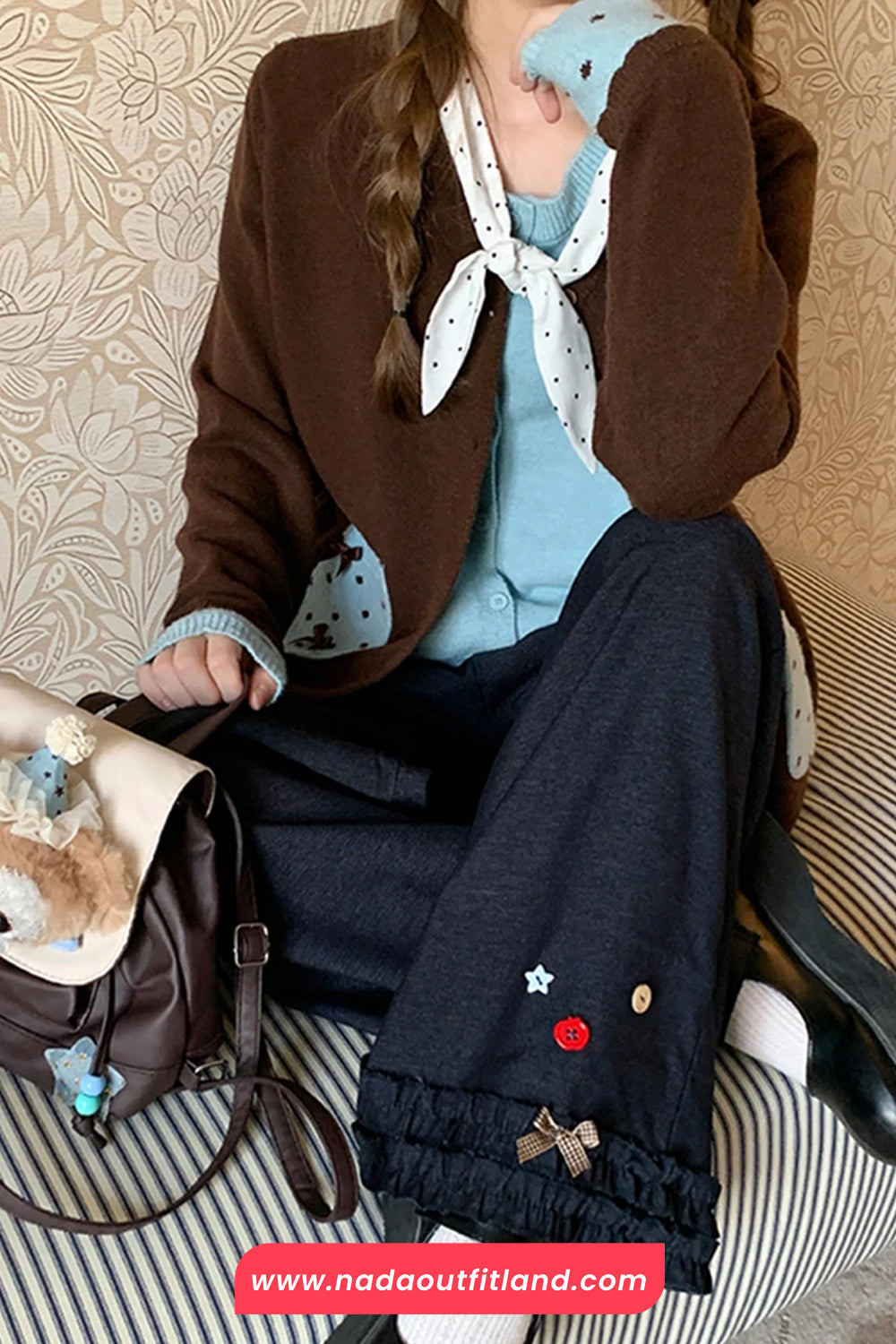 Long Sleeve Cute Bow Dots Pattern Pocket Cardigan Sweater