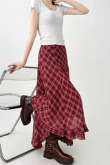 Vintage Two Tone Asymmetrical Plaid Flounce Midi Skirts