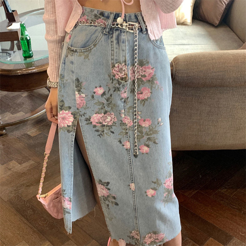Vintage Flowers Sexy Open Long Denim Skirts
