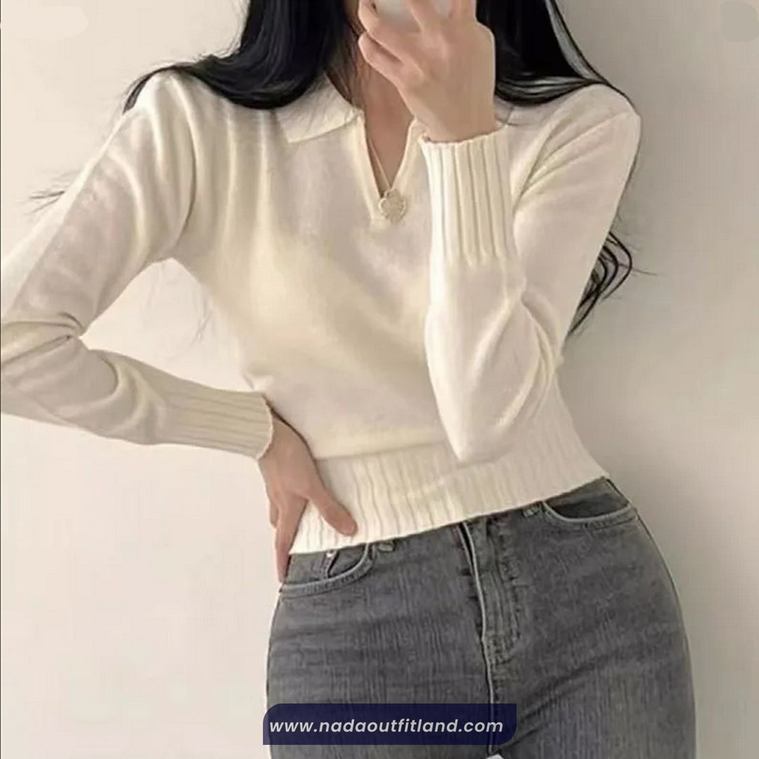 Long Sleeve Turn Down Collar Cropped Sweater