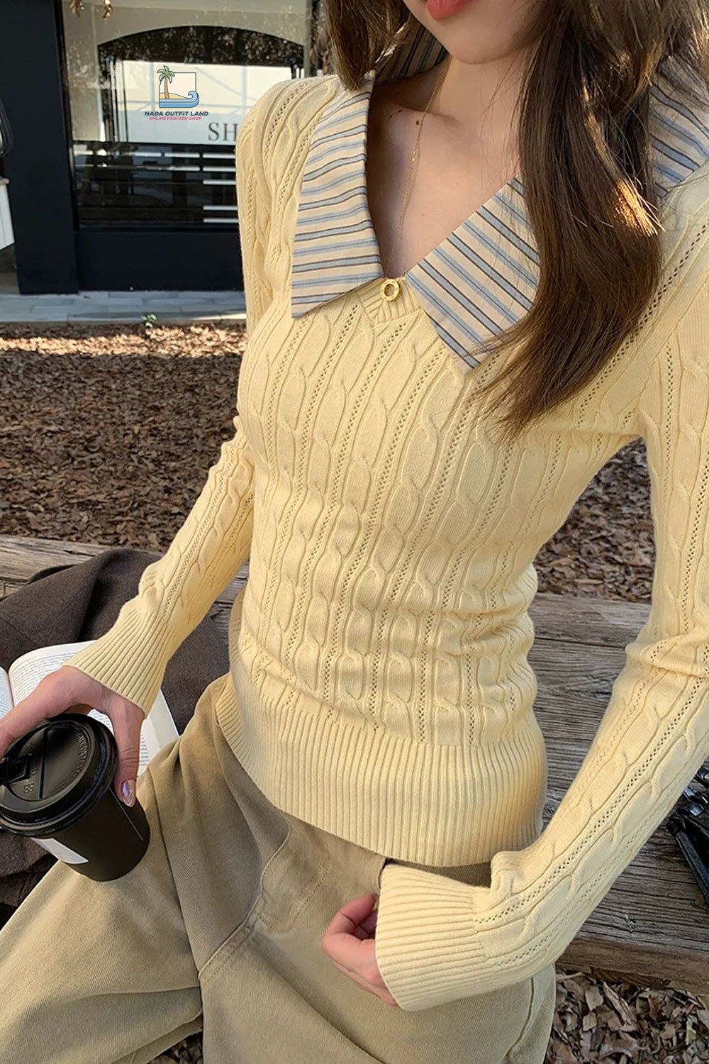 Long Sleeve Lapel Striped Collar Knitted Slim Sweater