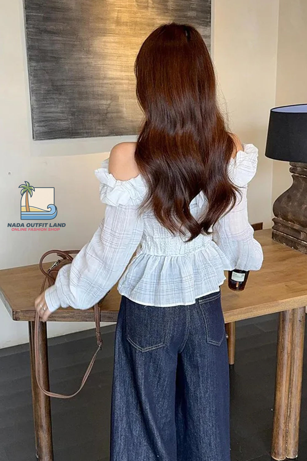 Long Sleeve Off Shoulder Plaid Pattern Ruffle Slim Blouse Shirt
