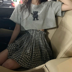 Ruffles Elastic Waist Plaid Pleated Mini Skirt