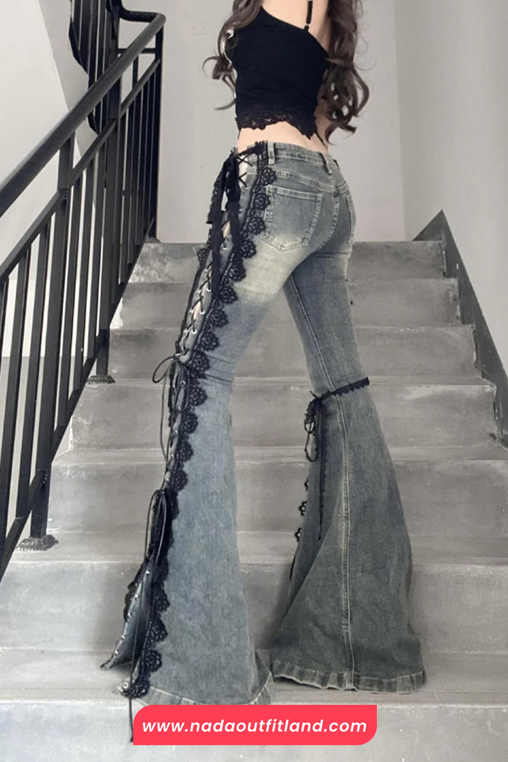 Vintage Side Lace Bandage Flare Jeans Pants