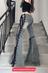 Vintage Side Lace Bandage Flare Jeans Pants