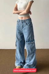 High Waist Retro Cargo Pockets Jeans Pants