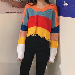 V-Neck Colorful Striped Tassel Sweater
