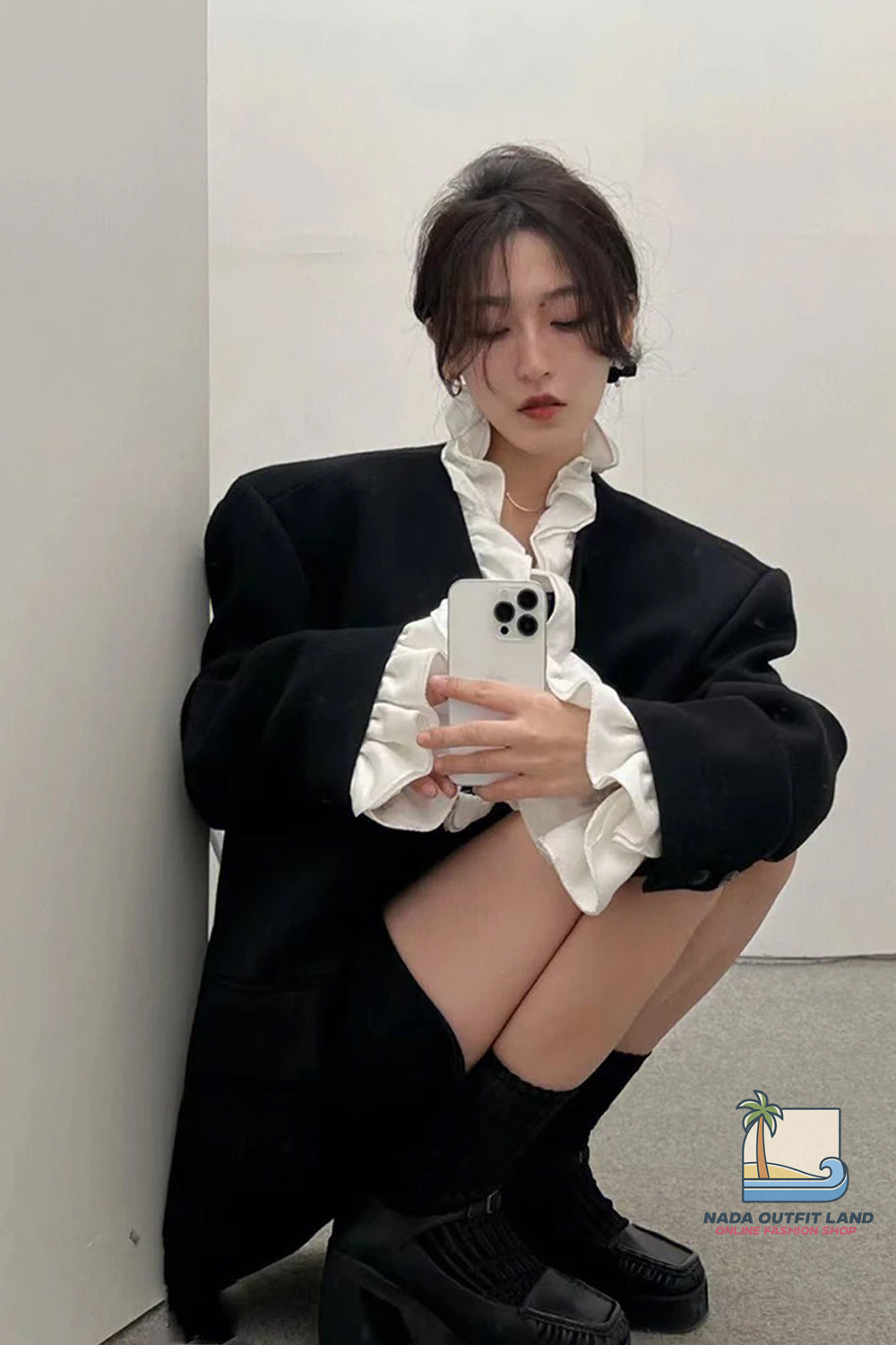 Long Sleeve Black Elegant Ruffle Patchwork Blazer Jacket