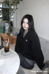 Long Sleeve Striped Style V-Neck Black Sweater