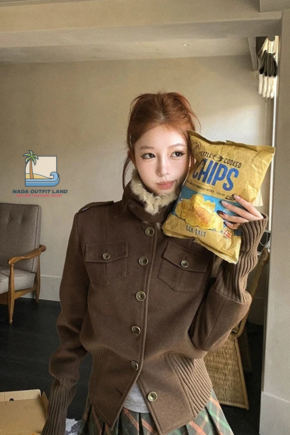 Long Sleeve Vintage Stand Collar Cropped Brown Coat Jacket