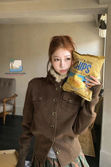 Long Sleeve Vintage Stand Collar Cropped Brown Coat Jacket