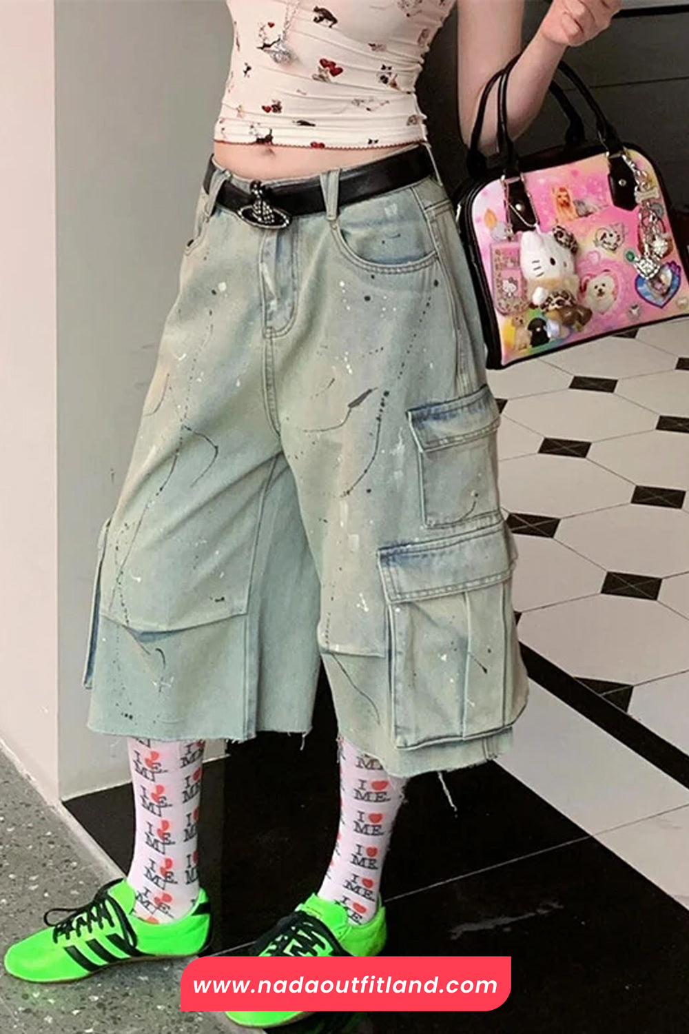 High Waist Knee Length Cute Dogs Pattern Jeans Pants