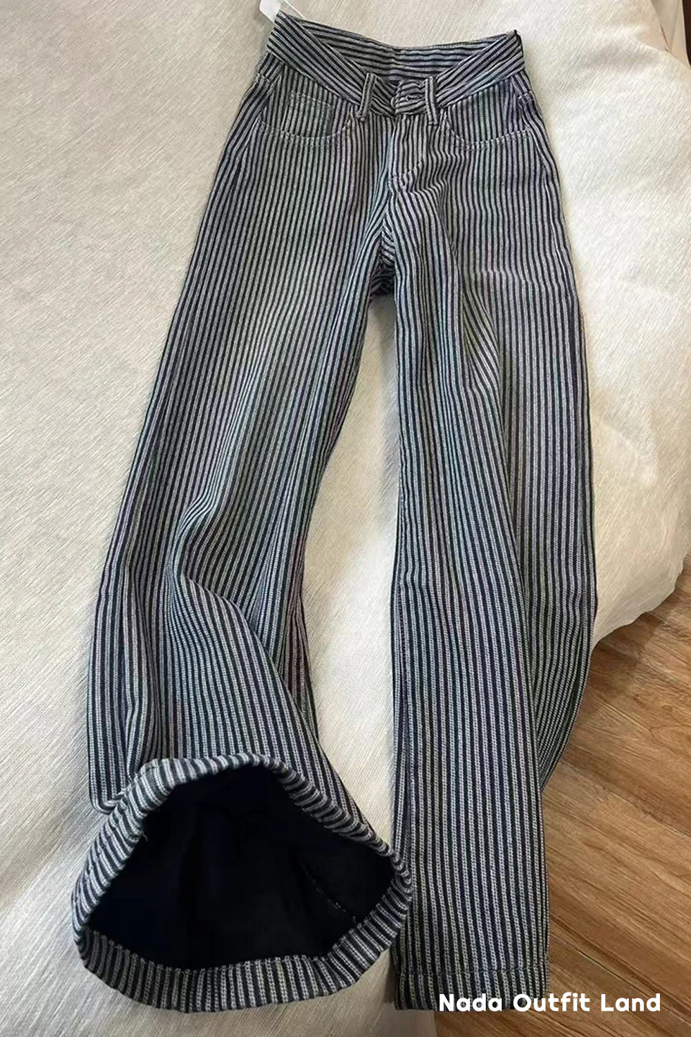 High Waist Loose Vintage Striped Denim Pants