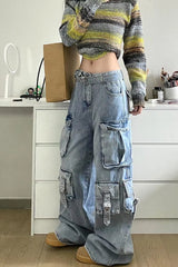 Loose Multi Cargo Pockets Wide Leg Jeans
