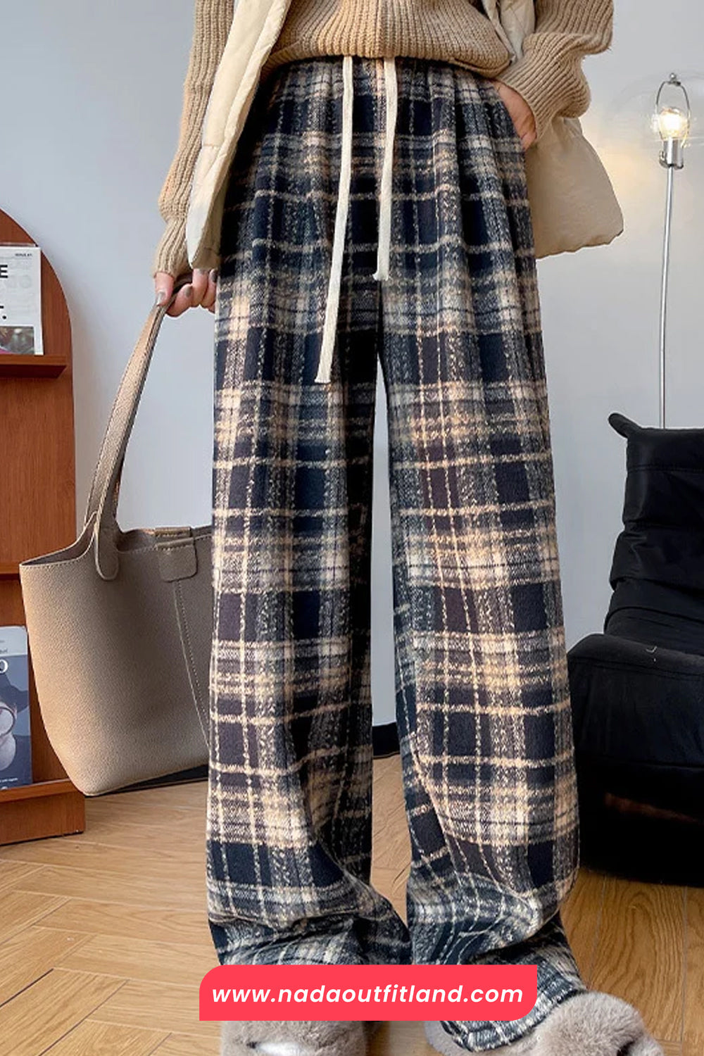 High Waist Retro Thicken Plaid Fleece Long Pants