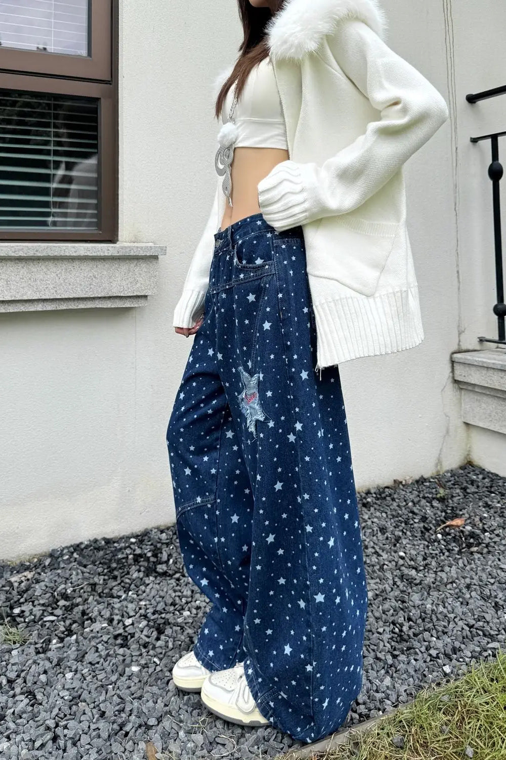Loose Retro Stars Pattern Patchwork Washed Blue Jeans Pants
