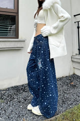Loose Retro Stars Pattern Patchwork Washed Blue Jeans Pants