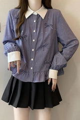 Long Sleeve Bow Striped Collar Blouse Shirt