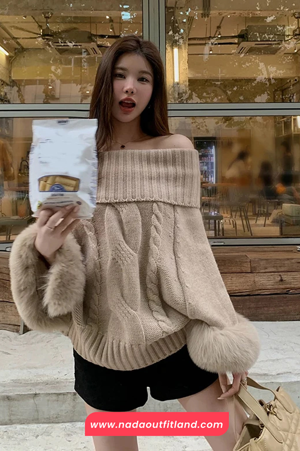 Long Sleeve Faux Fur Knitted Off Shoulder Sweater