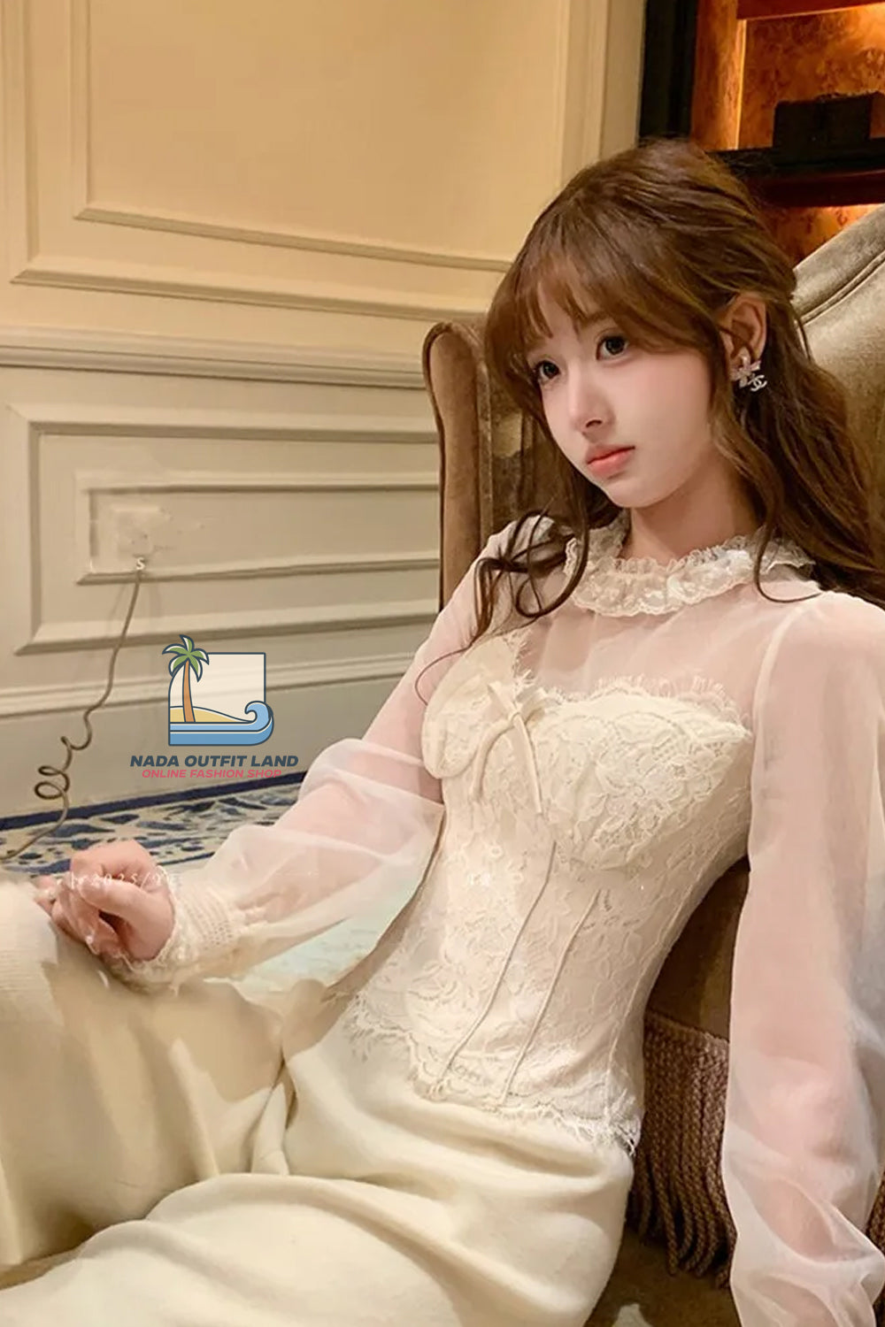 Long Sleeve Vintage Elegant Mesh Transparent Lace Cropped Blouse Shirt