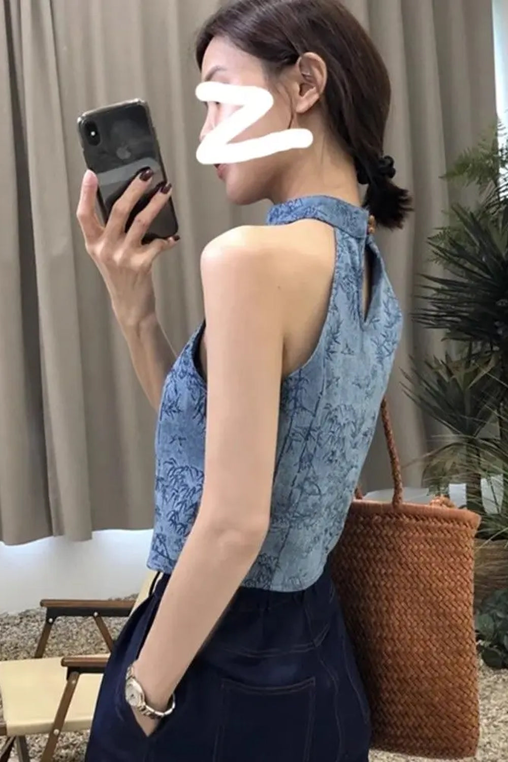 Sexy Floral Printed Halter Blue Crop Tops
