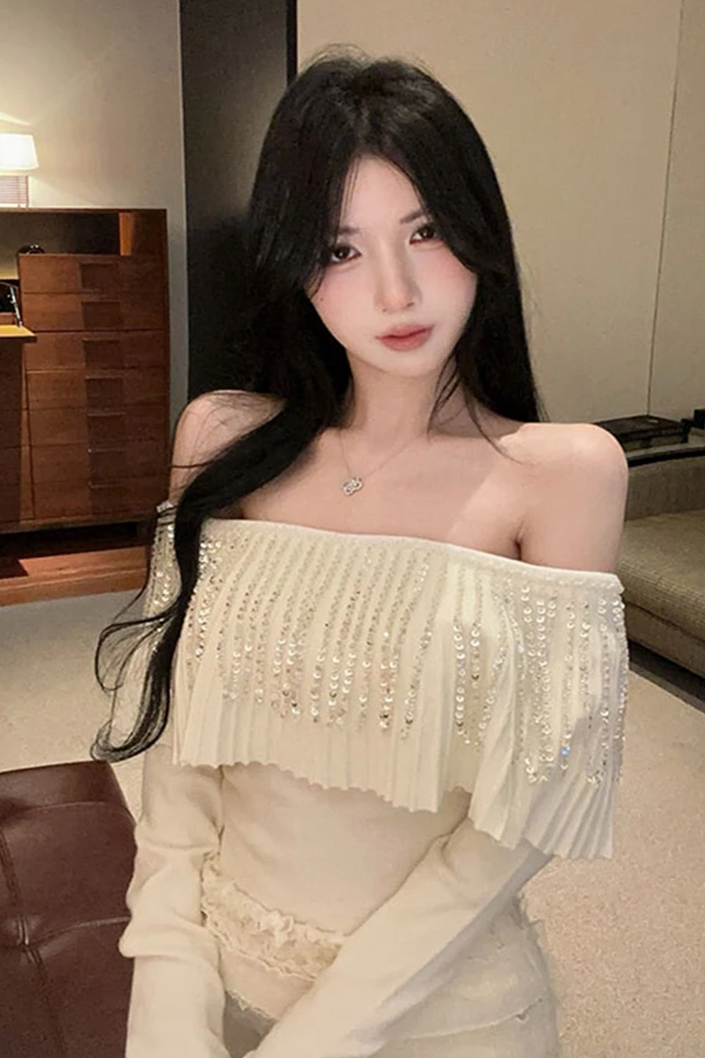 Sexy Off Shoulder Sequins Knitted Elegant Sweater