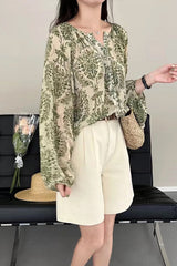 Long Sleeve Flowers Pattern Green Blouse Shirt