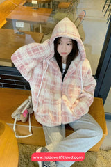 Loose Cute Pink Plaid Hooded Thick Jacket