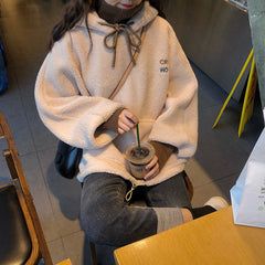 Letter Pocket Fleece Turtleneck Hooded Sweater