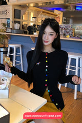 Long Sleeve Cute Dog Embroidered Colorful Buttons Cardigan Sweater
