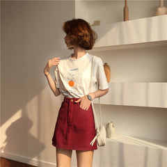 High Waist Solid A-Line Burgundy Skirt