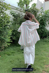 Short Sleeve Butterfly Pocket Pattern Pastel Striped Colors Blouse Shirt