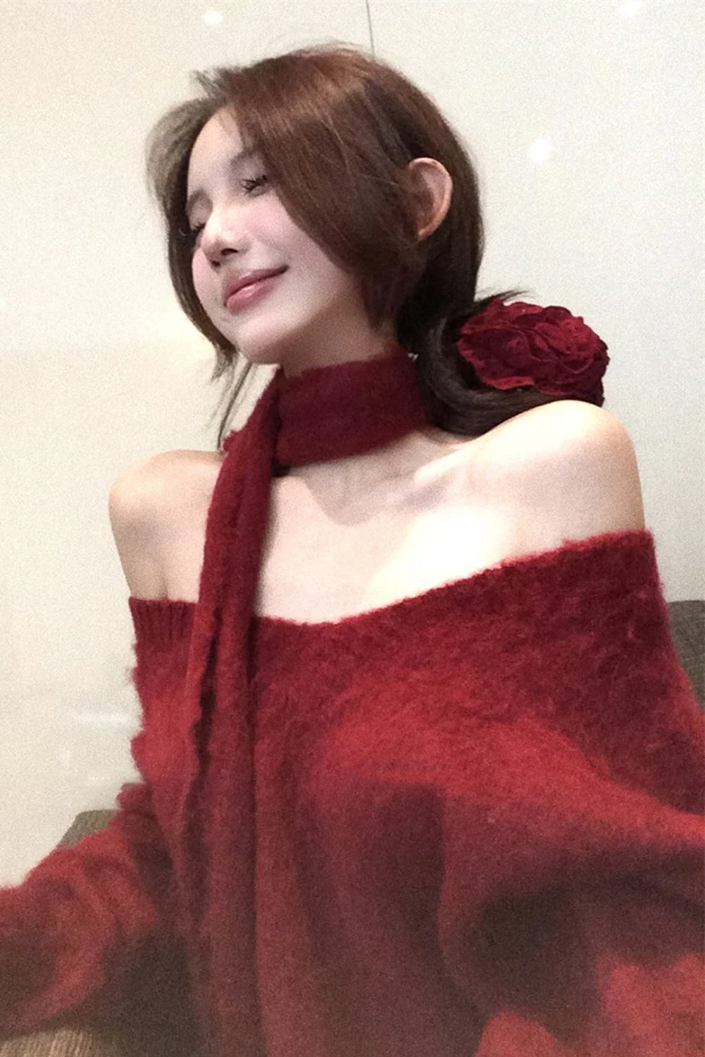 Long Sleeve Off Shoulder Knitted Sweater With Scarf