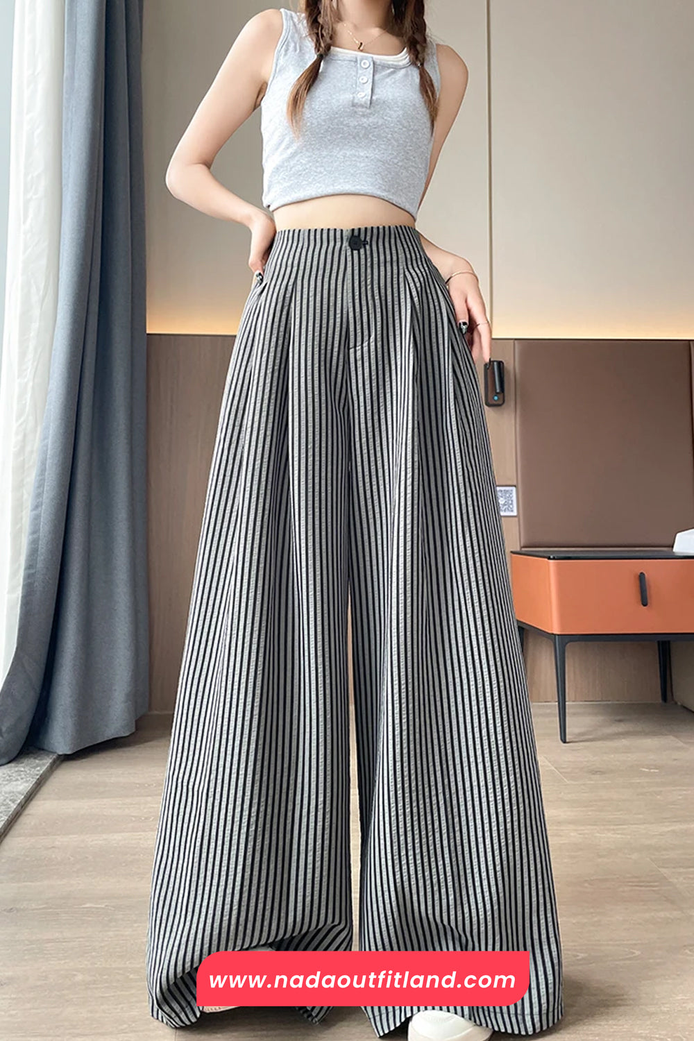 High Waist Elegant Full Striped Office Long Pants