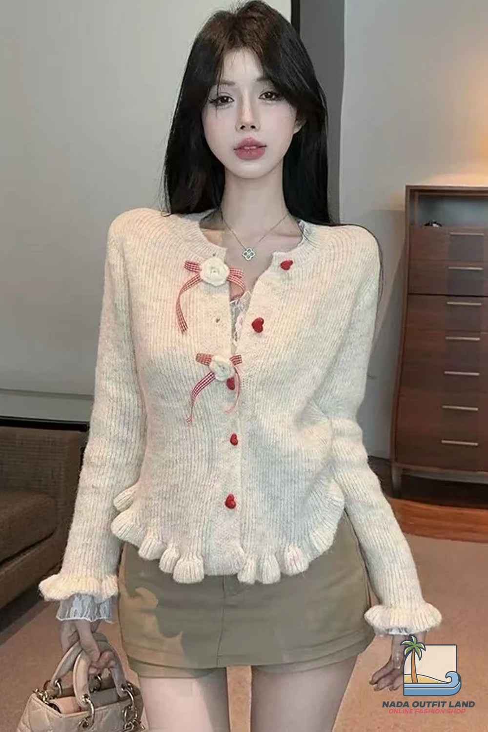 Long Sleeve Cute Bow Heart Button Cardigan Knitted Sweater