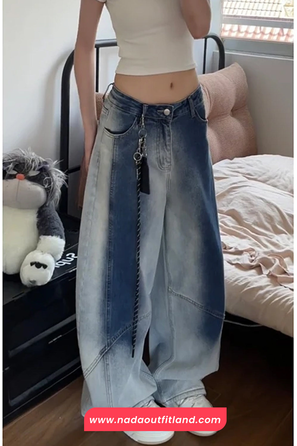 High Waist Loose Dark Blue Gradient Jeans Pants