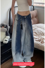 High Waist Loose Dark Blue Gradient Jeans Pants