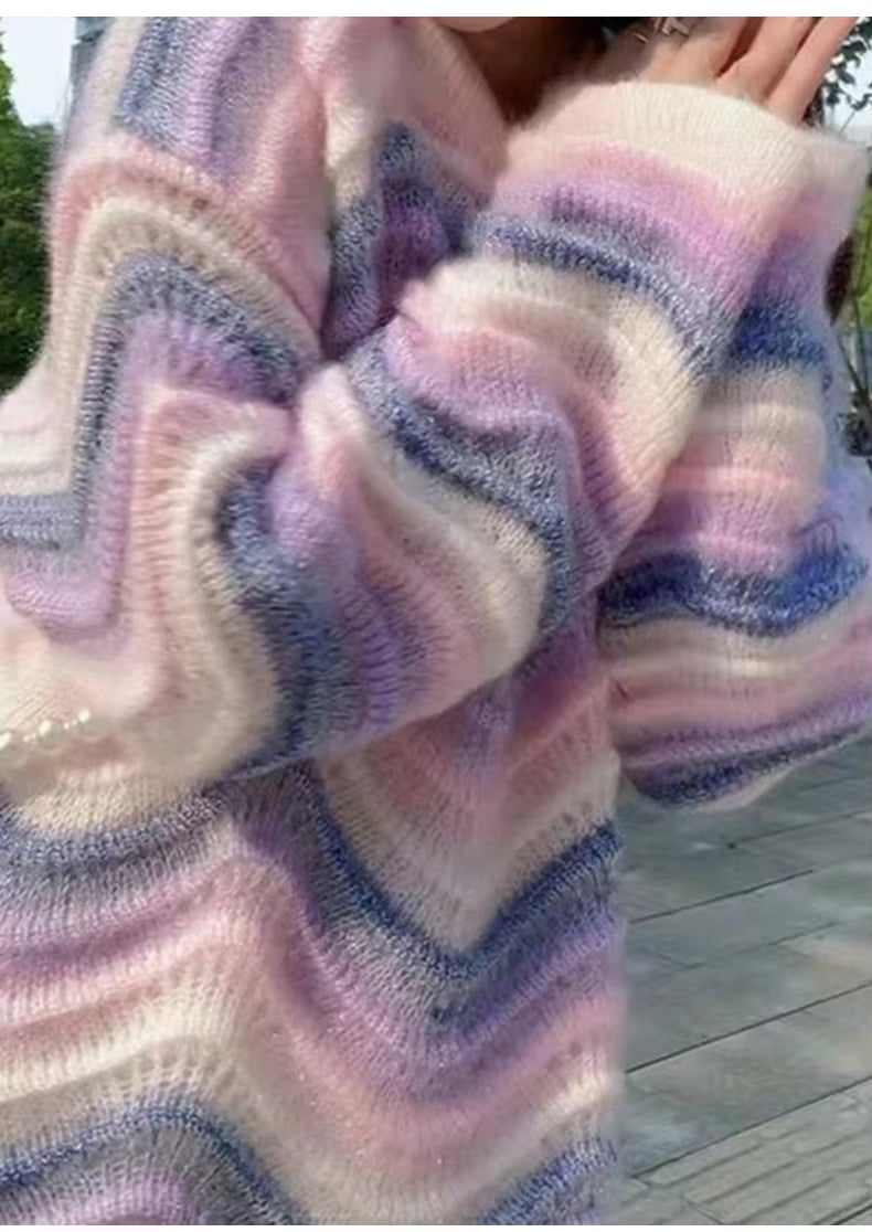 Long Sleeve O-Neck Knitted Wave Striped Sweater