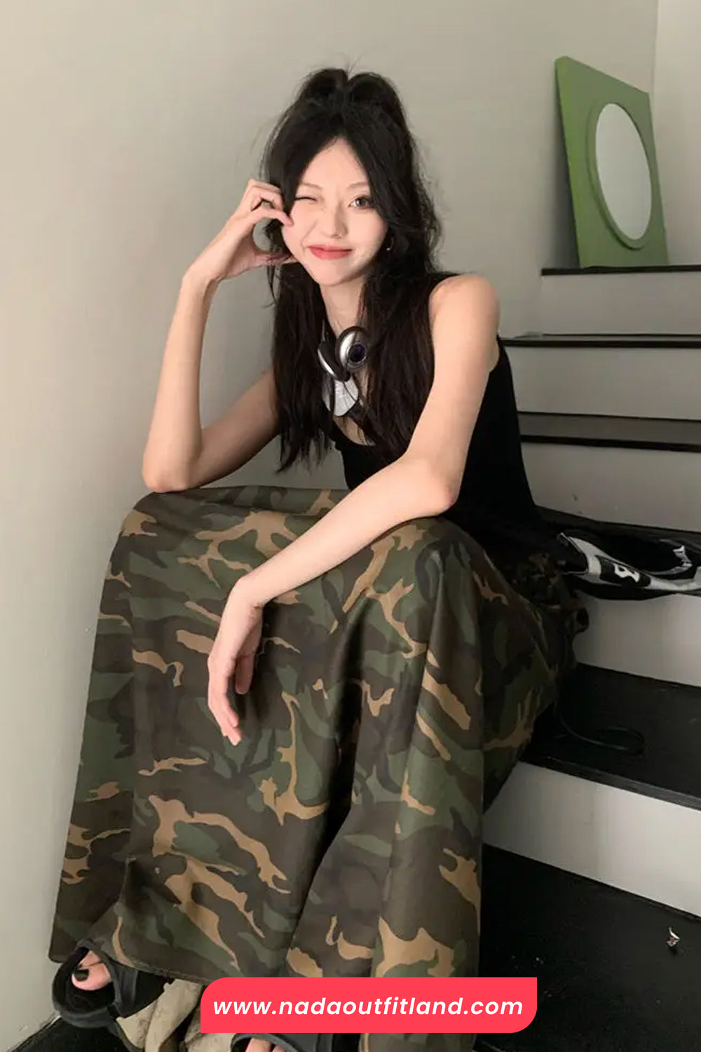 High Waist Camouflage Pattern A-Line Long Skirts