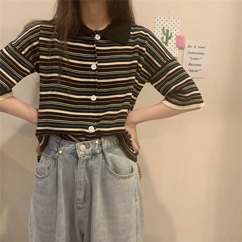 Loose Turn Down Knitted Striped Shirt