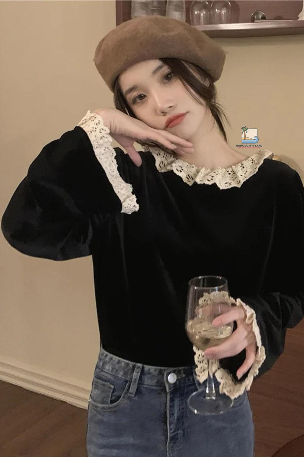 Elegant Lace Ruffle  Patchwork Velvet Blouse Shirt