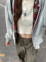 Long Sleeve Plaid Adjustable Zipper Hooded Sweatshirt